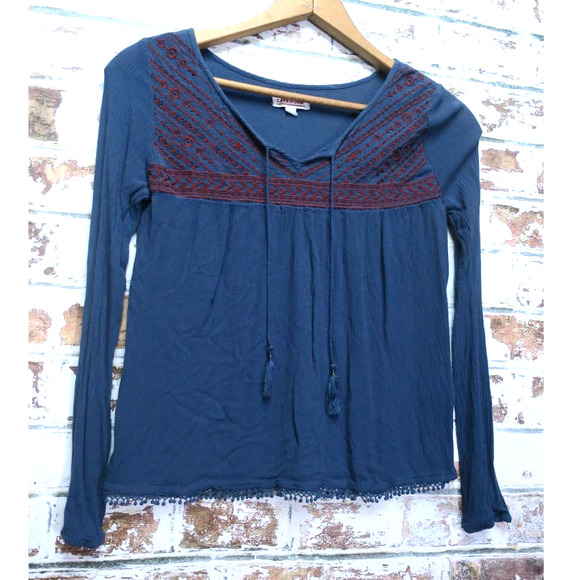 Cape Juby Flowing Long Sleeve Embroidered Tassle Peasant Boho Blouse - Picture 2 of 9